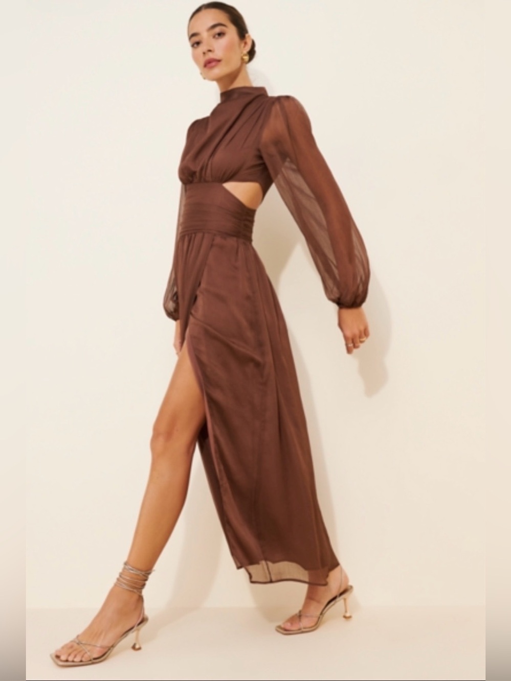 NWOT Petal & Pup Neveah Long Sleeve Cutout Maxi Dress Chocolate Brown Sz US 6
